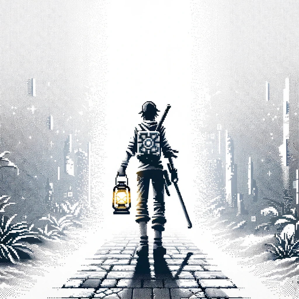 DALL·E 2024-02-05 22.27.13 - Imagine an NPC (Non-Player Character) guide from a video game, holding a lantern, standing confidently on a pathway that hints at a gaming universe. T